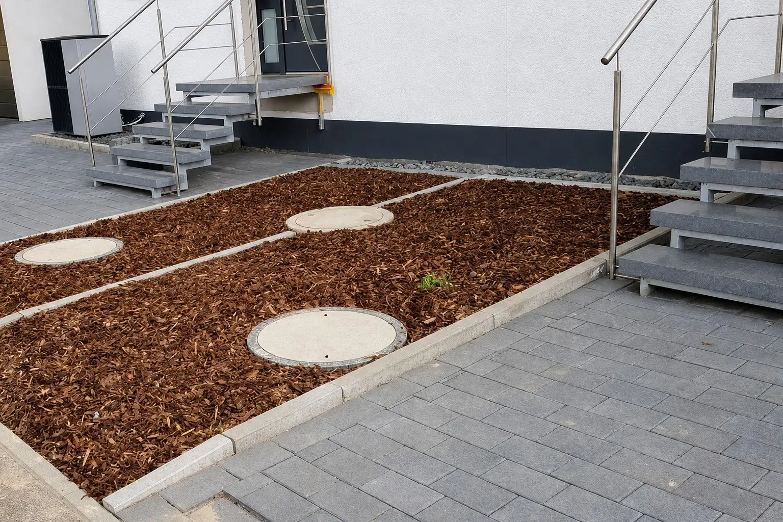 Beet mit Rindenmulch und Schachtdeckeln zwischen Pflasterflächen, daneben eine Außentreppe
